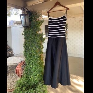 Long dress, black & white stripe top, silky bottom
